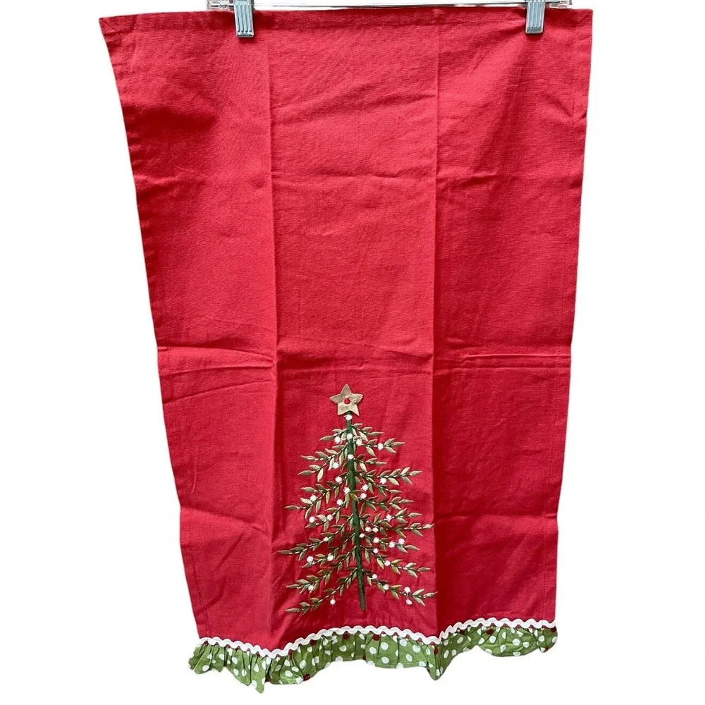 VTG Pier 1 Imports 100% Cotton Red Green White Christmas Tree Polkadot Tea Towel